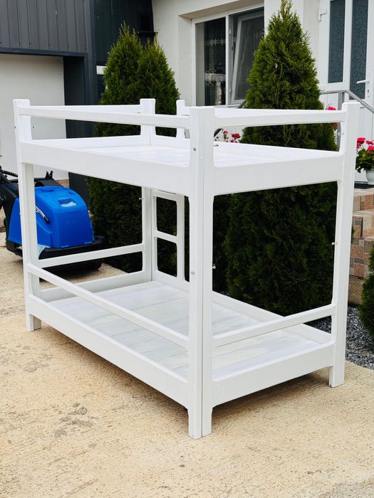 Pat etajat lemn masiv stejar – alb mat