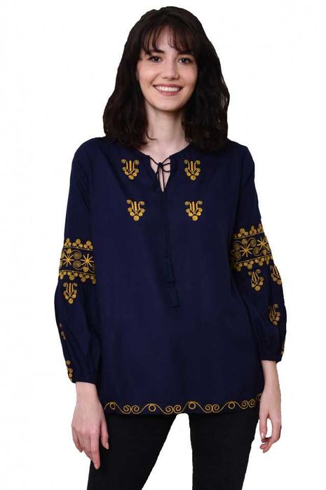 Bluza stil ie culoarea bleumarin, cu broderie colorata