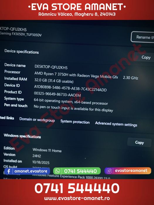 Laptop Gaming 15.6” ASUS TUF AMD Ryzen 7 1TB+512GB 32GB nVidia GTX 6GB