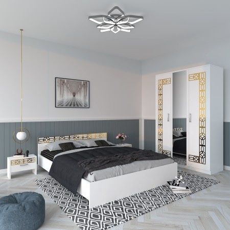 Dormitor Gold Alb Dulap Cu Oglinda si Pat cu 2 Noptiere