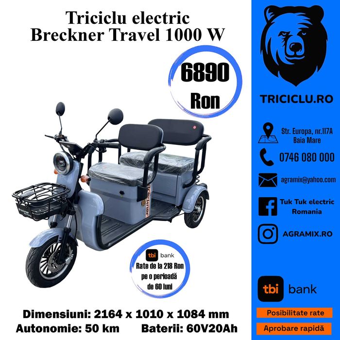Triciclu electric tuk tuk omologabil Breckner Travel-2 nou Agramix