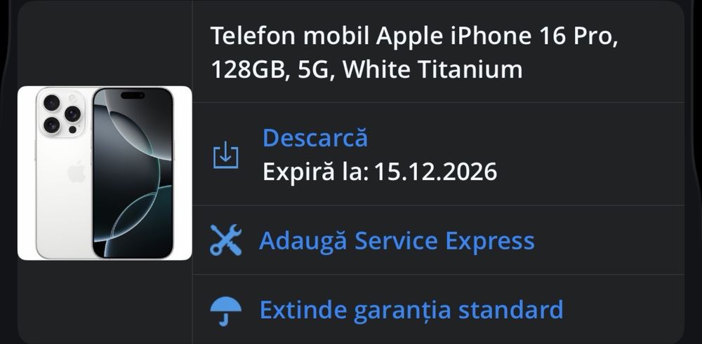 Iphone 16 pro , 128gb , White , full box , Garantie emag