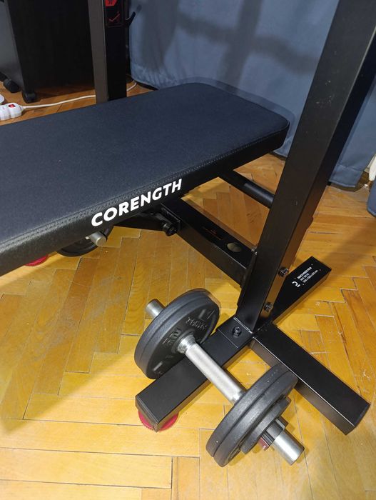 Сгъваема лежанка със стойка за лост + Kомплект дъмбели и лост