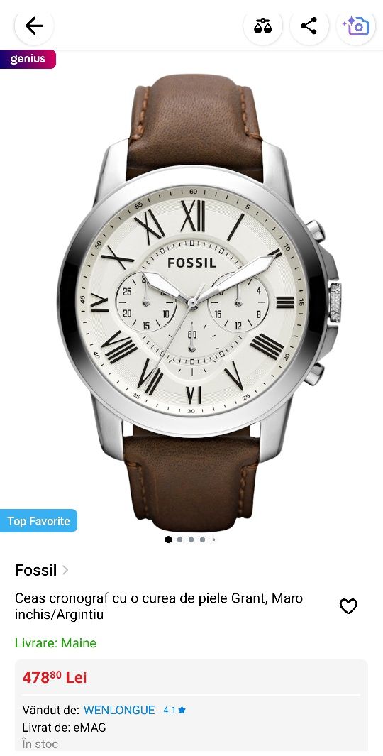 Ceas Fossil cronograf cu o curea de piele Grant, FS4735