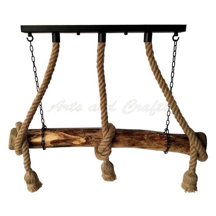 Lustra din lemn masiv, realizata manual, cu 3 brate din sfoara de iuta