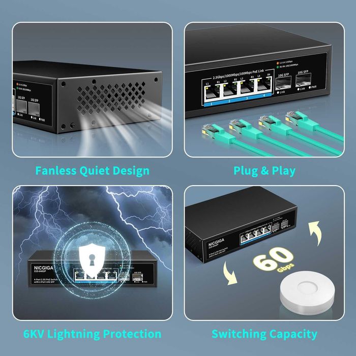 Switch ethernet NICGIGA PoE 4 port 2.5G,neadministrat,2x10G SFP Uplink
