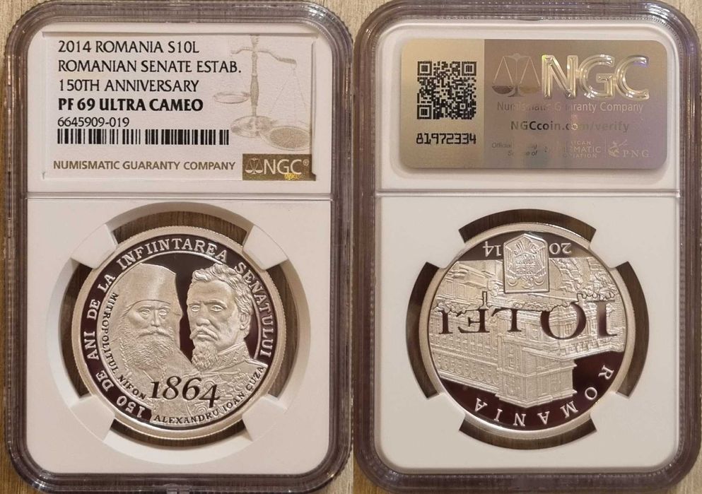 Moneda BNR 10 lei argint Senatul Romaniei gradata NGC PF 69 UC