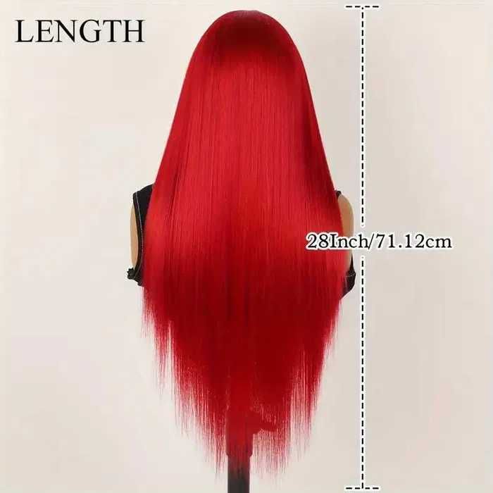 Ярко червена лейс фронт права перука с дантела