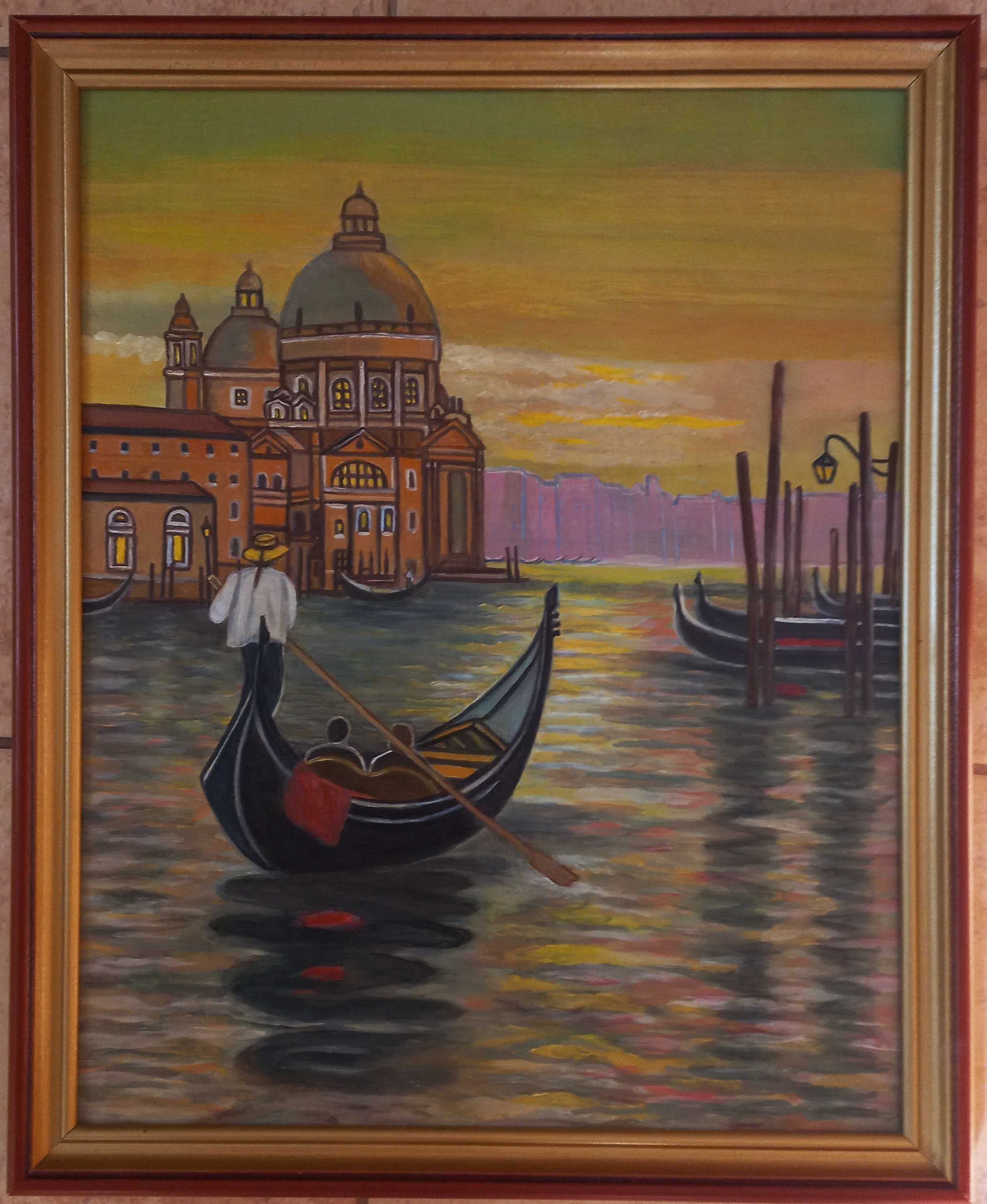 Tablou GONDOLE IN VENETIA , pictat in ulei , 55x 45 cm cu rama