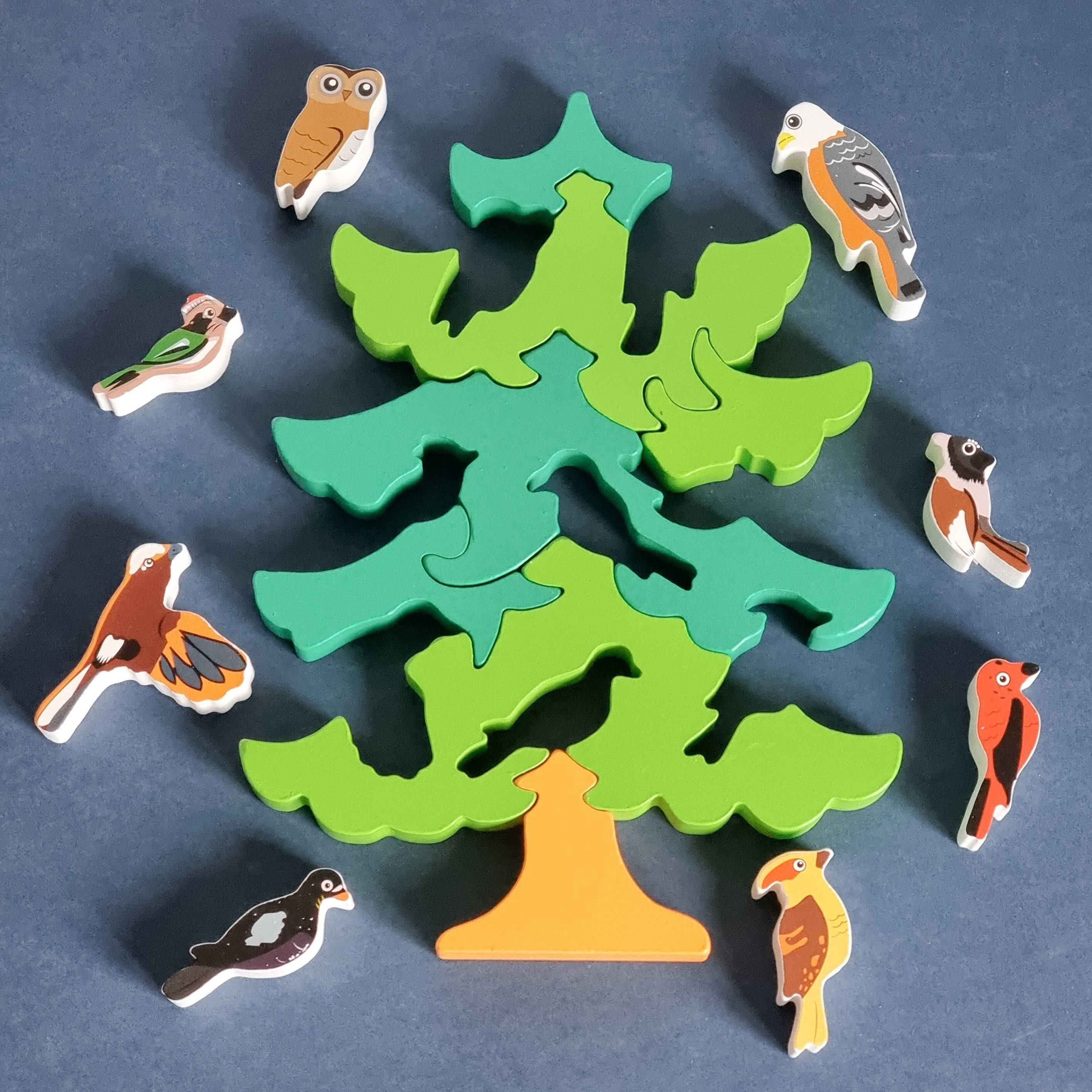 Joc de echilibru si stivuire puzzle 3D lemn, Copac cu pasari 15 piese