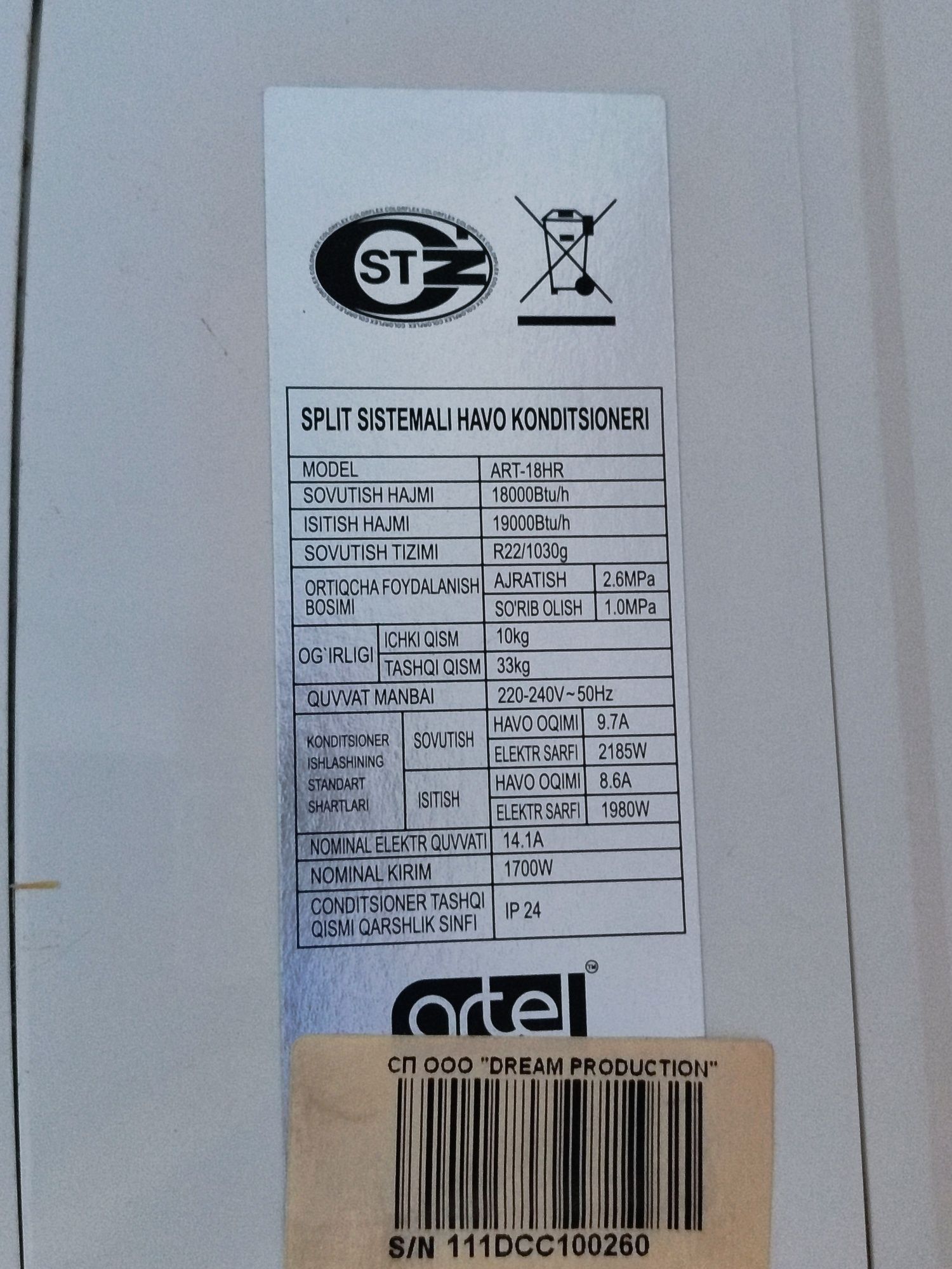 Konditsioner Artel 18talik