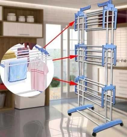 Сушилник за дрехи с три нива, колелца и опора за закачалки