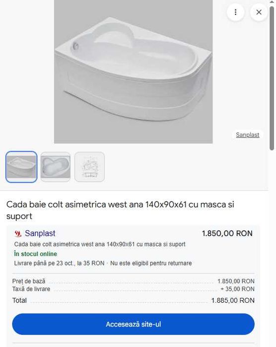 Cada baie colt asimetrica west ana 140x90x61 cu masca si suport