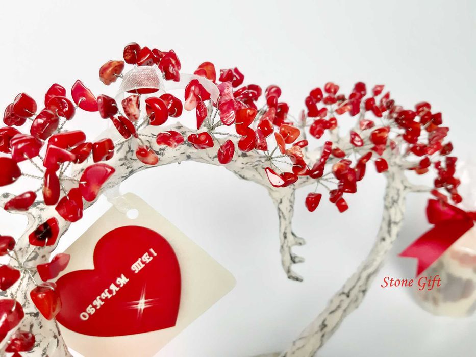 Дръвче Червен Корал Сърце, Подарък Жена, Подарък Любов, Подарък Коледа