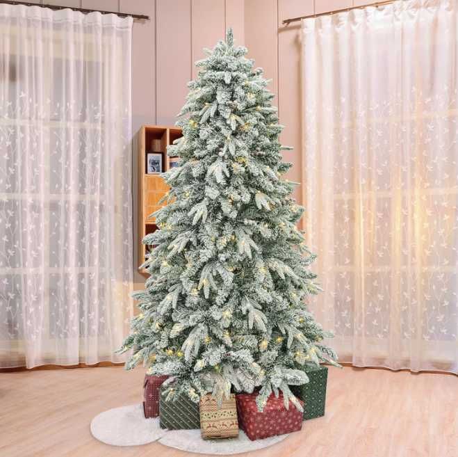 Brad DEWUR 210 cm, cu instalație, conuri, zăpadă și globuri aurii