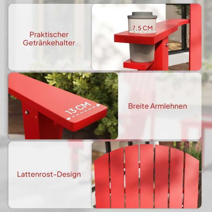 Градински стол Outsunny Andirondack, 72 см x 97 см x 92 см, червен