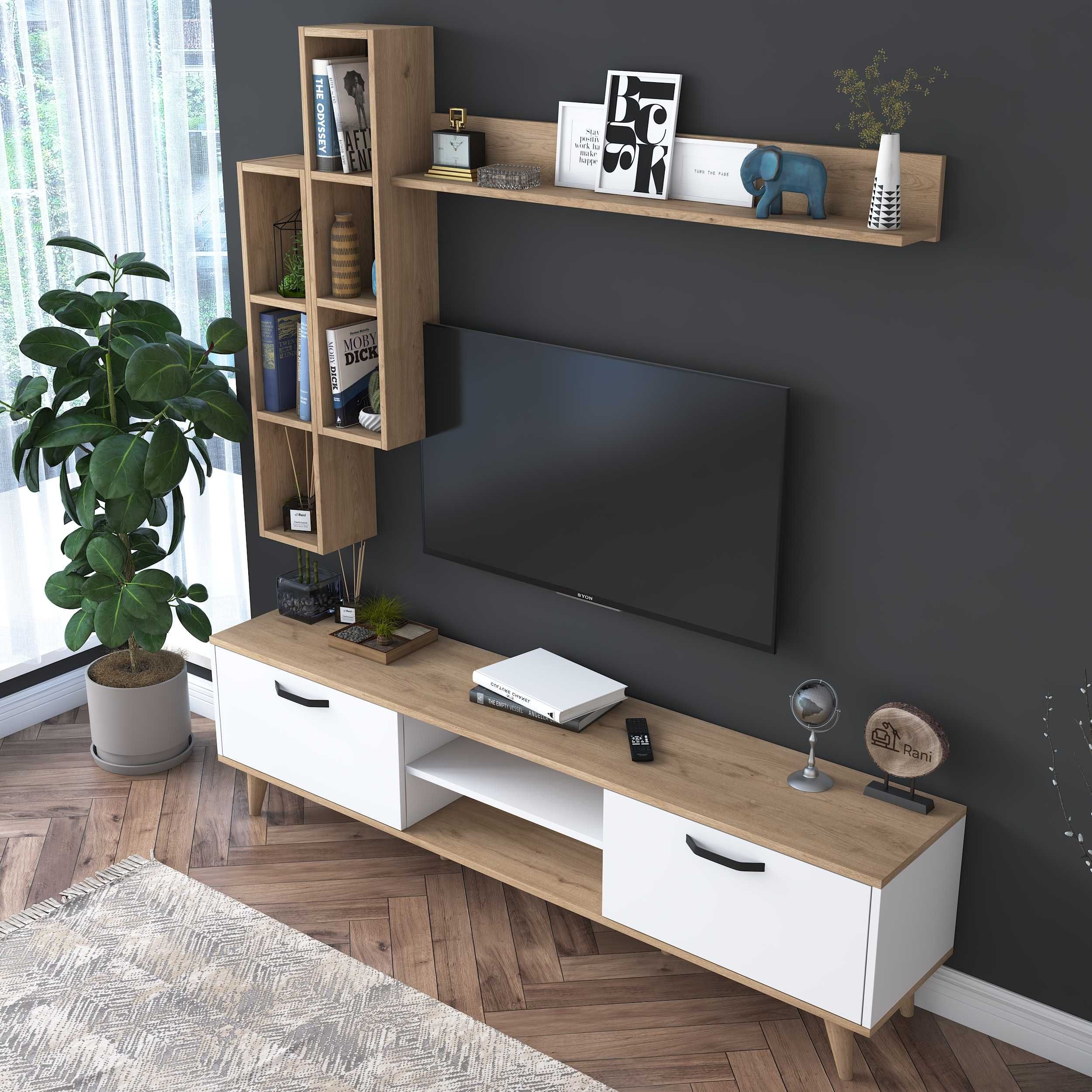 TV комплект Puzzle-home 2593, TV шкаф и два рафта, Бял - натурален