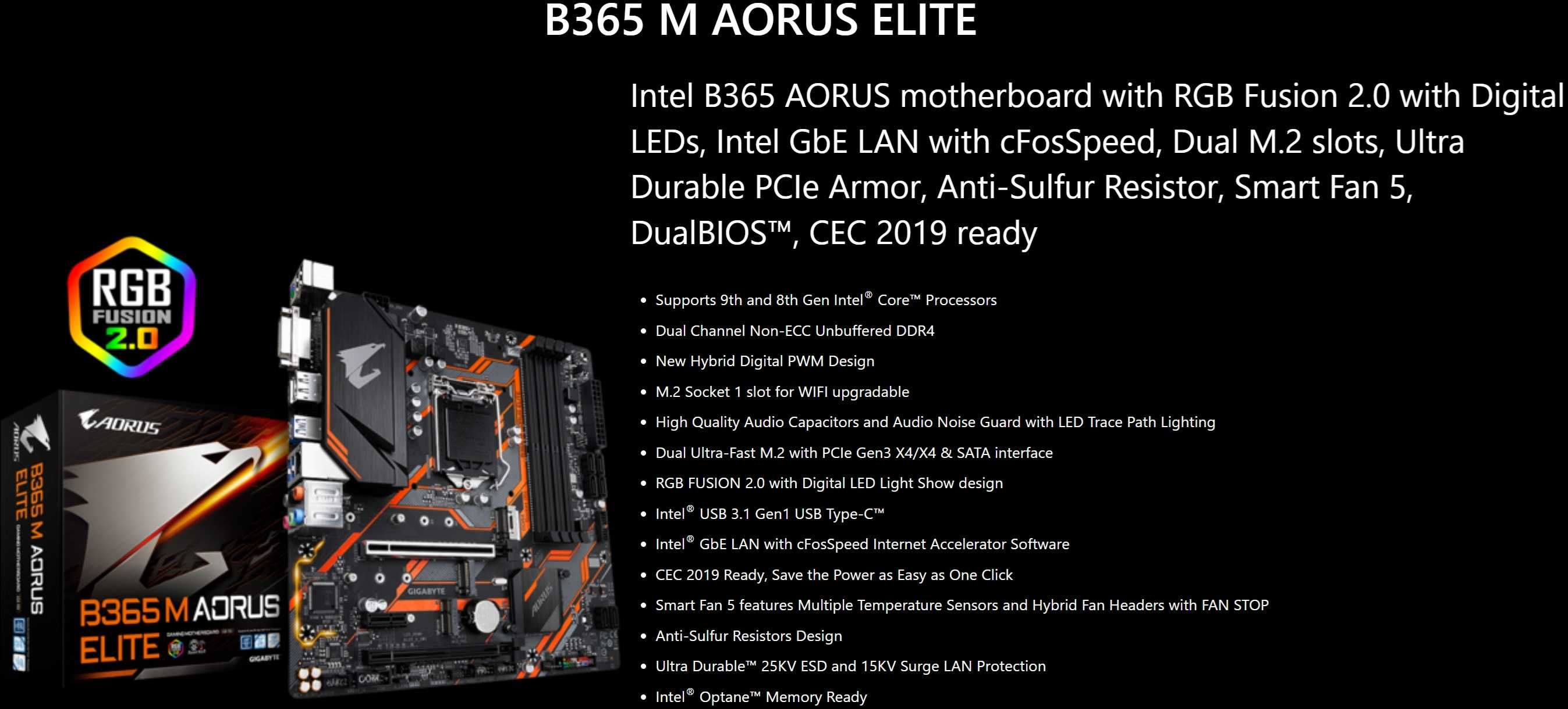 Дъно Дънна платка GIGABYTE B365 M AORUS ELITE 1151 DDR4 RGB Overclock