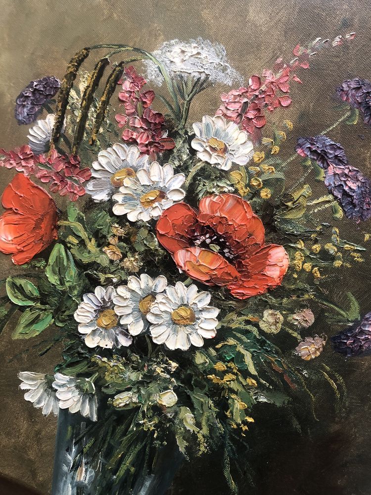 Tablou,pictura germana in ulei pe panza,vaza cu flori de camp,spaclu