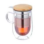 Cana din Sticla cu Infuzor si Capac din Bambus 430 ml cu Perete Dublu