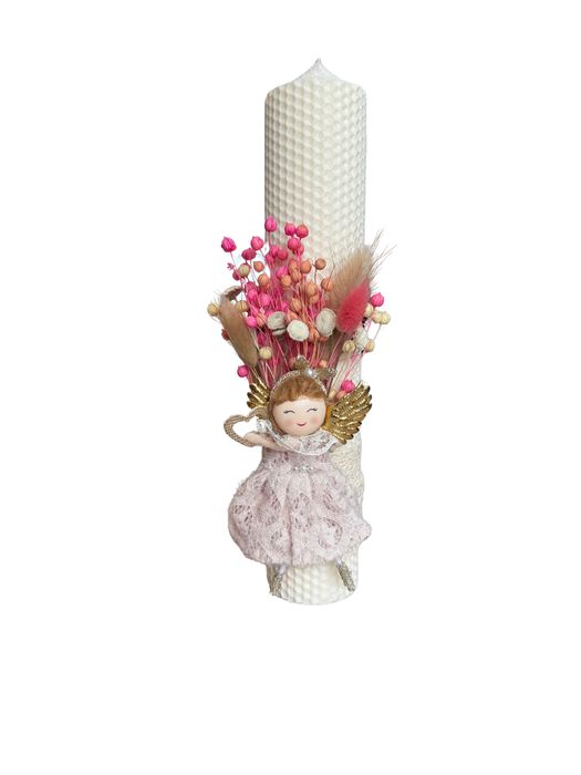 Lumânare de botez din ceară naturală  decorată cu flori uscate și zâne