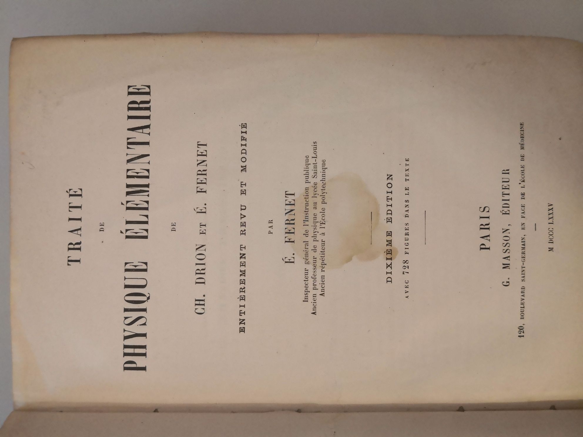 Carte veche Traité physique élémentaire 1885 Fernet