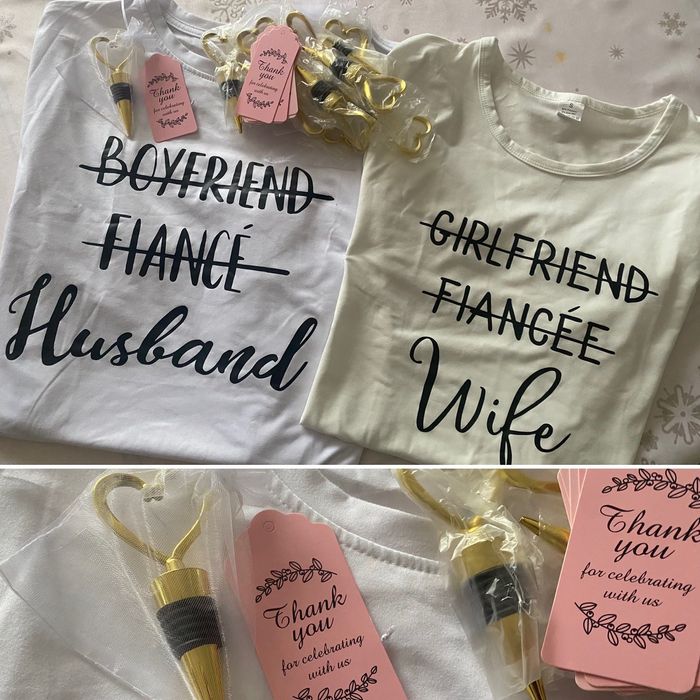 Сватбени тениски за Нея и Него, S и L, и 10 бр. подаръци