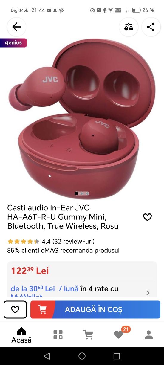 Casti audio In-Ear JVC HA-A6T-R-U Gummy Mini, Bluetooth, True Wireless