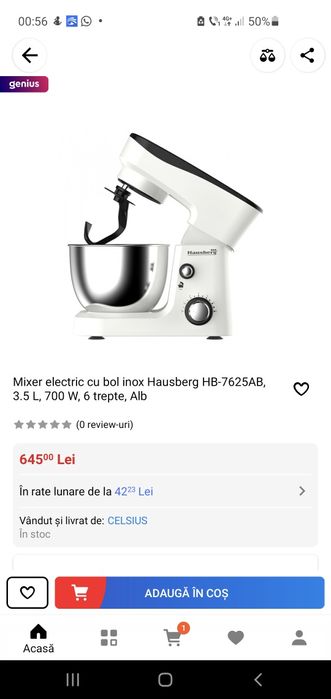 Mixer electric cu bol inox Hausberg HB-7625 AB 3.5l,700 W 6 trepte,Alb