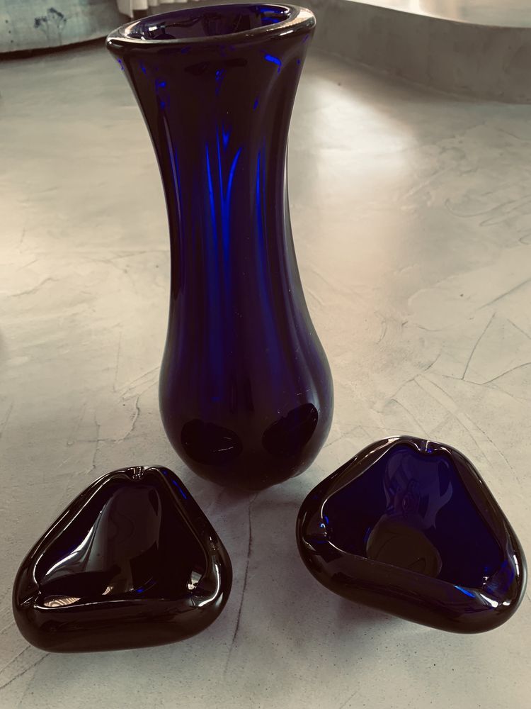 Винтажна ваза и два пепелника гутно стъкло 1970 г