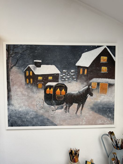 Tablou peisaj de iarna pictat in acrilic