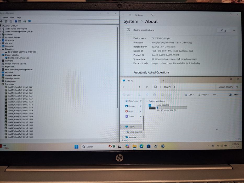 Laptop HP 15, model 15-fd, Intel Core Ultra 7 155H, 32GB RAM, SSD 2TB