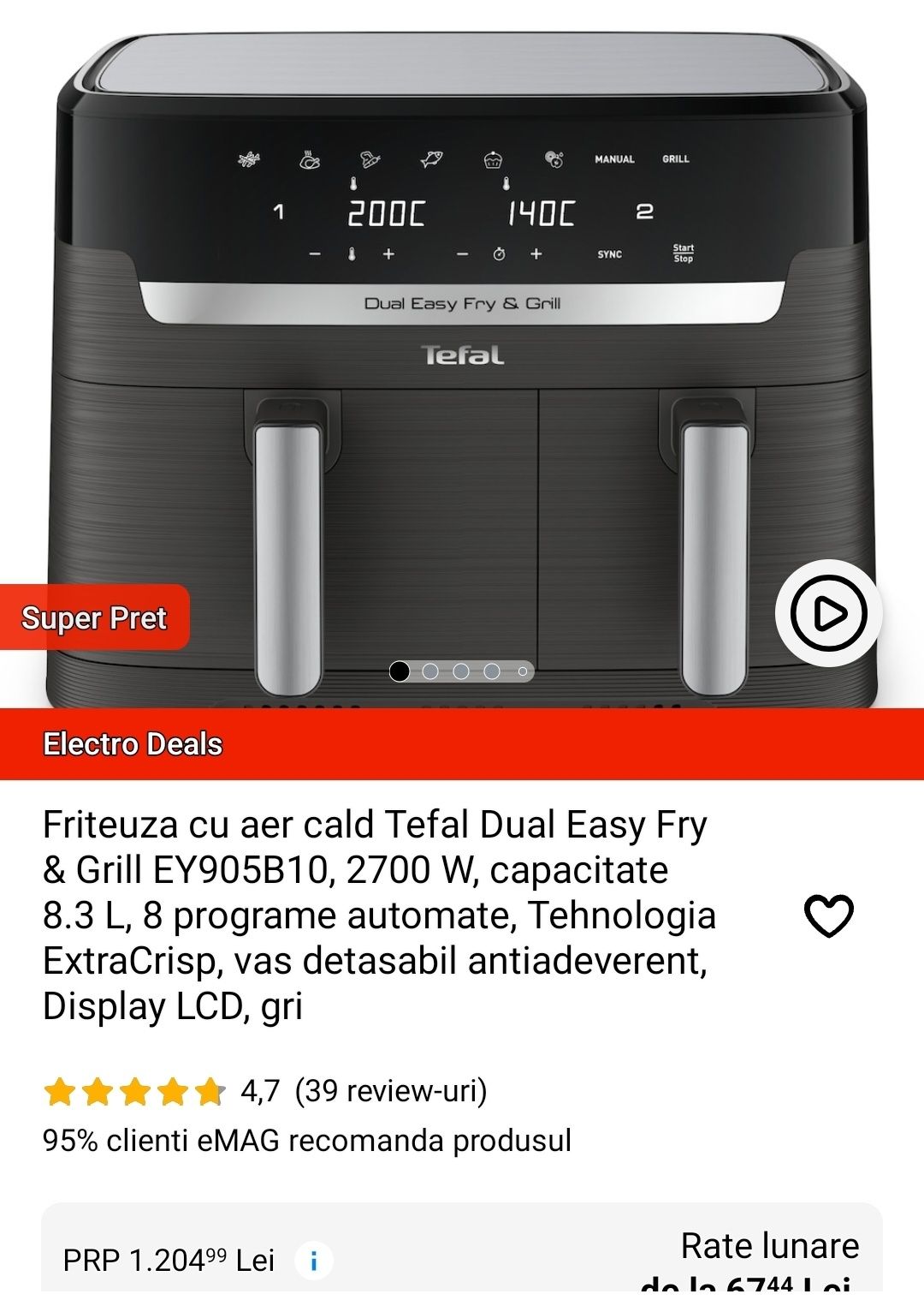 Nou Friteuza cu aer cald Tefal Dual Easy Fry & Grill EY905B10,