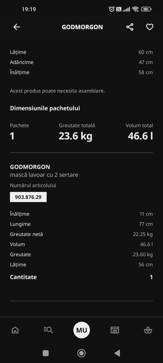 Masca lavoar cu 2 sertare Godmorgon Ikea  60x47x58