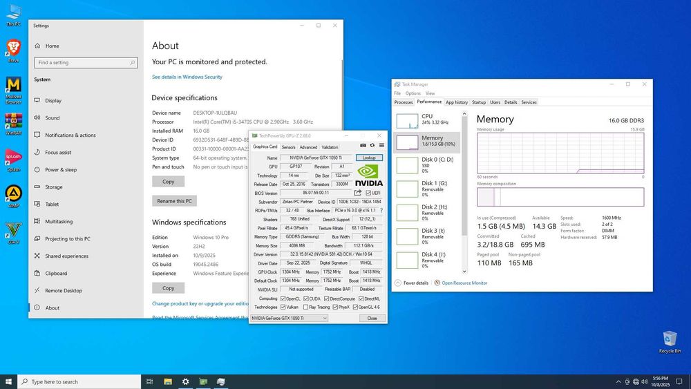 Unitate PC Intel Core i5 3470S 16GB DDR3 SSD 500GB GTX 1050ti 4GB