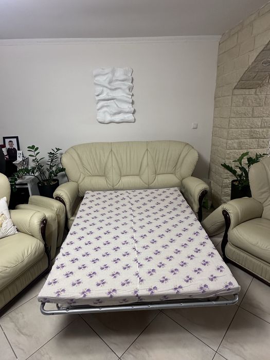 Vând set elegant de canapele din piele naturală și lemn masiv