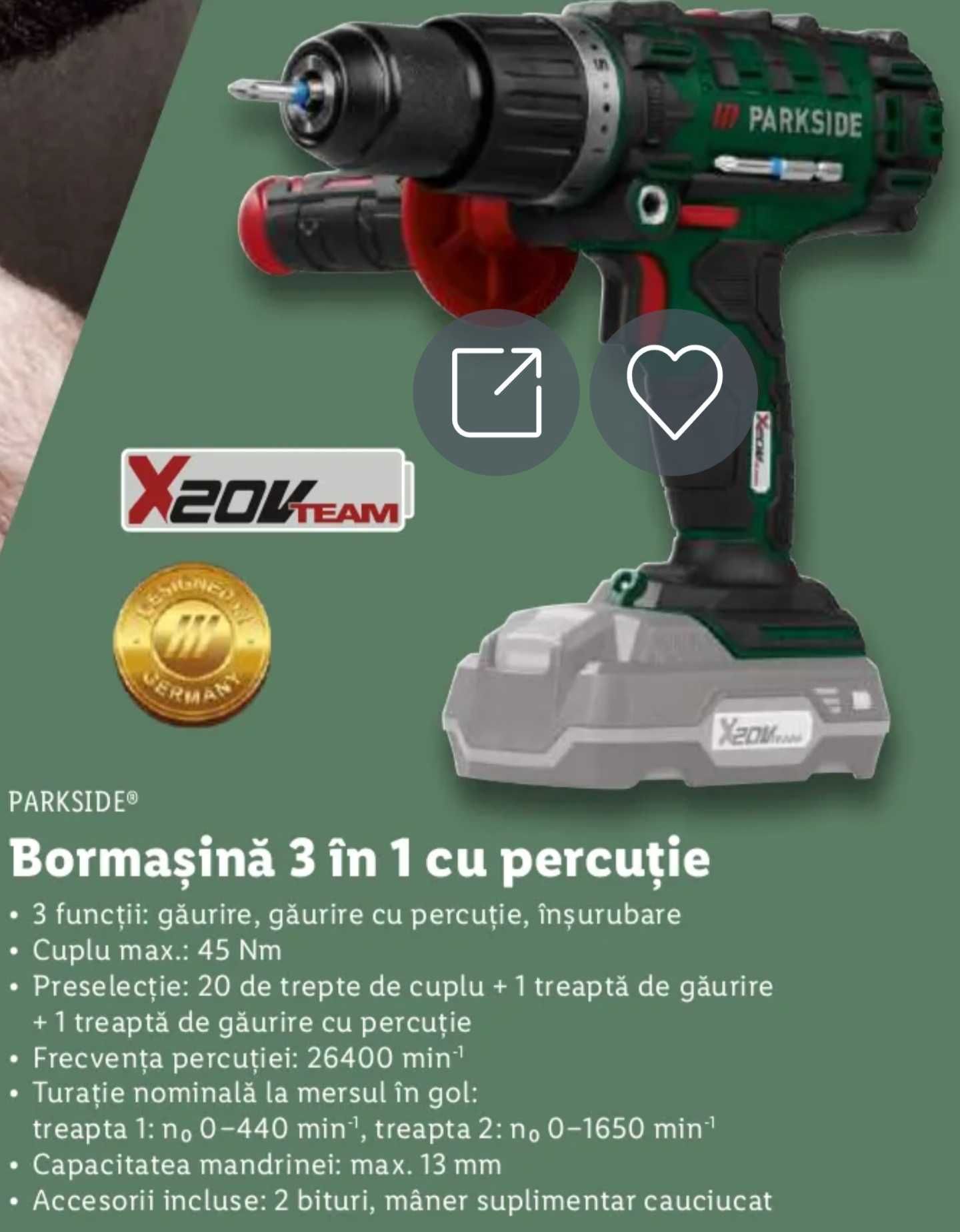 Bormasina Parkside PSBSA 20-LI C3 cu acumulator 2A si incarcator 2,4A