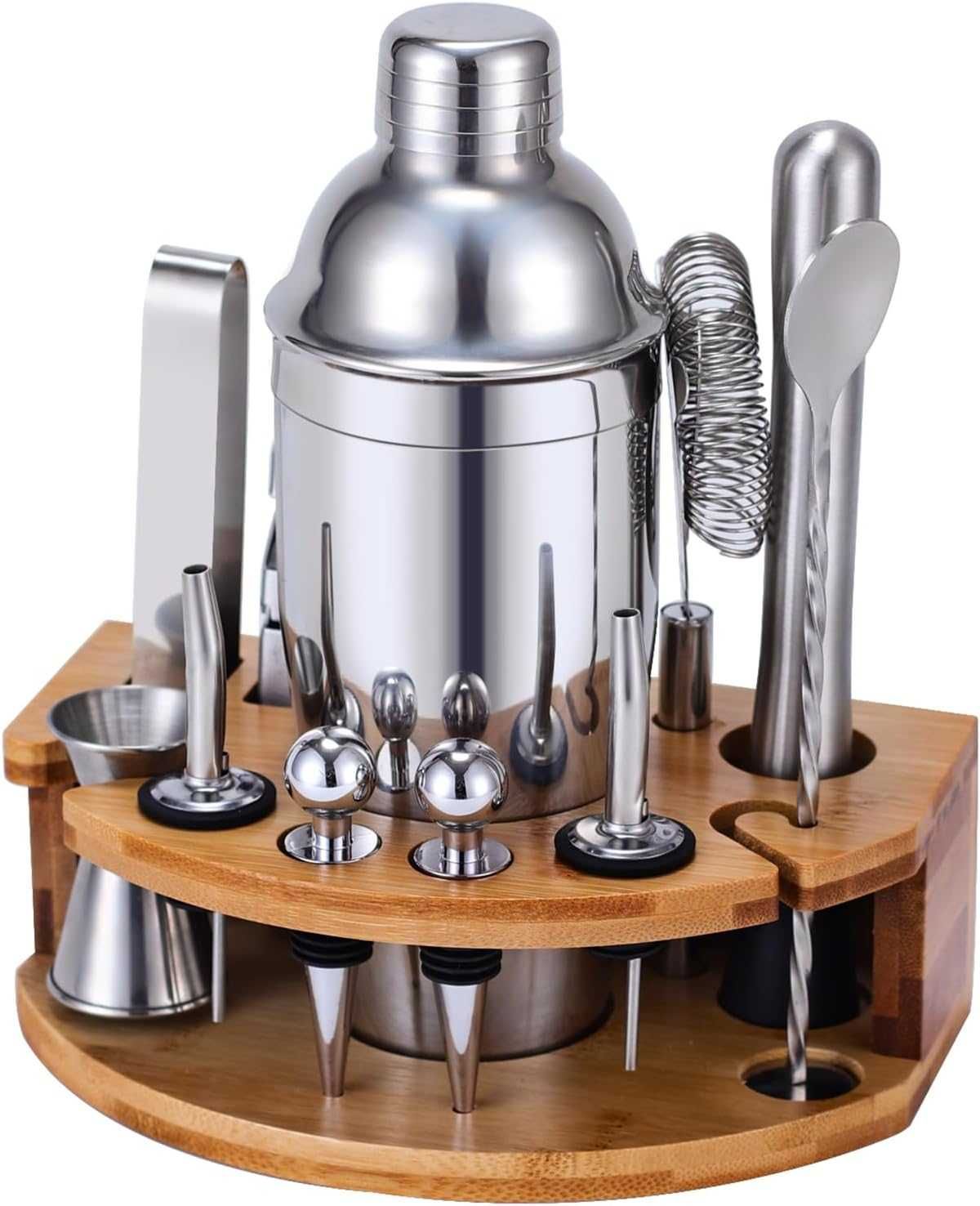 Set Barman Inox bauturi, 12 piese + baza Bambus, REDUS de la 200RON