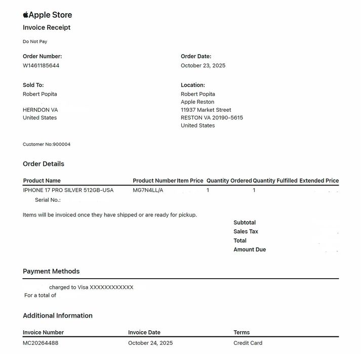 iPhone 17 Pro, 512GB, Silver NOU SIGILAT cu factura APPLE