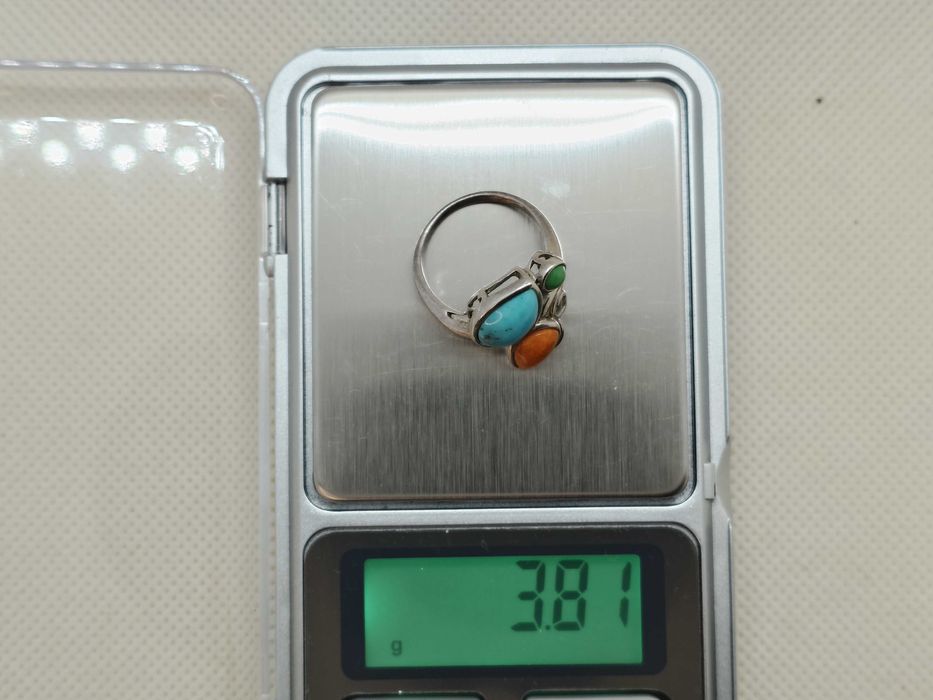 Inel din argint 925 cu turcoaz albastru & verde și coral portocaliu