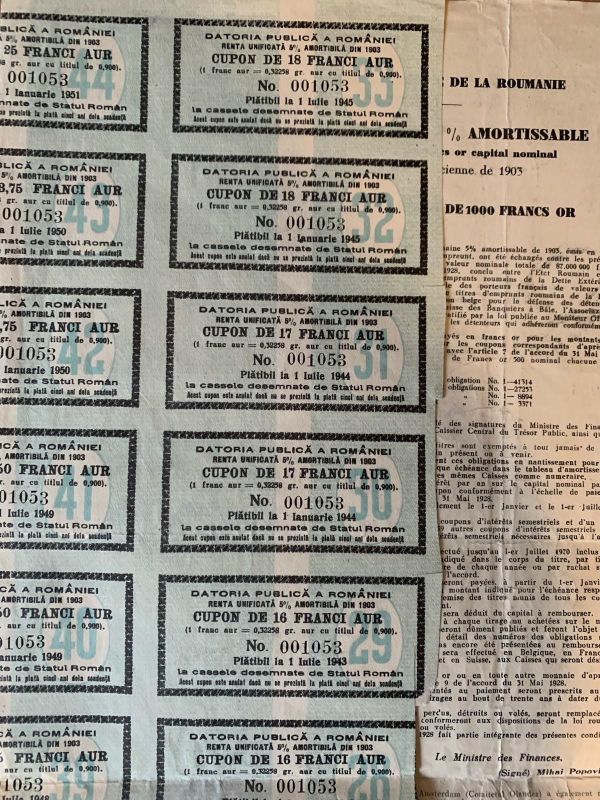 titlu stat 1000 franci aur 1929 Renta Romana  bond neincasat - cupoane