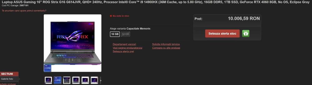 Laptop ASUS Gaming ROG Strix G16, QHD+ 240Hz, Procesor i9 14900HX