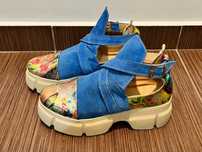 Ghete dama piele naturala albastre cu imprimeu multicolor, marime 36