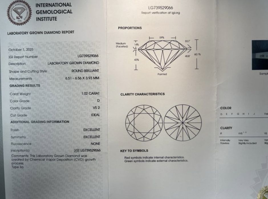 Inel din aur 14k cu diamant lab-grown 1.02 ct - D/VS2 -IGI certificat