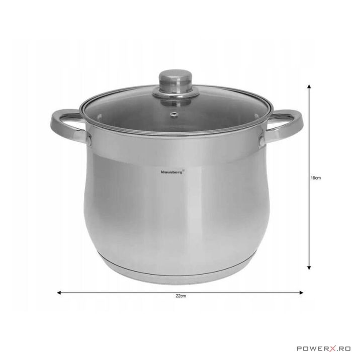 Oala din inox cu capac din sticla, 22cm,Fund termic multistrat, 7l