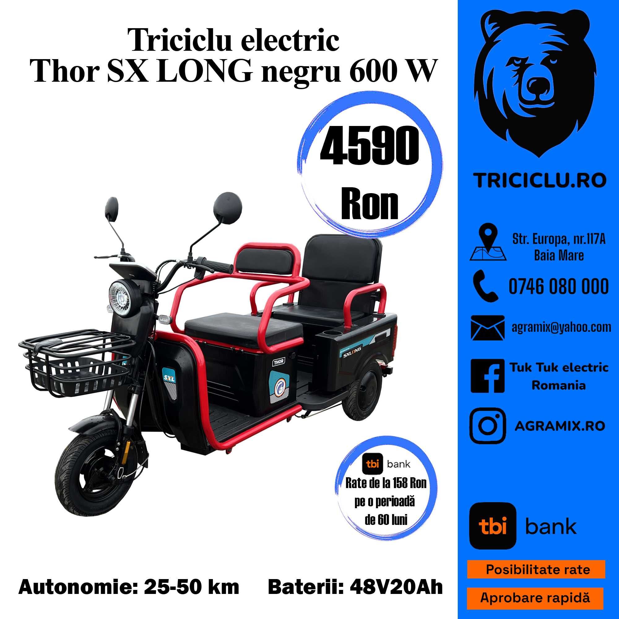 Triciclu Thor S XLong triciclu electric tuk-tuk 600 w agramix