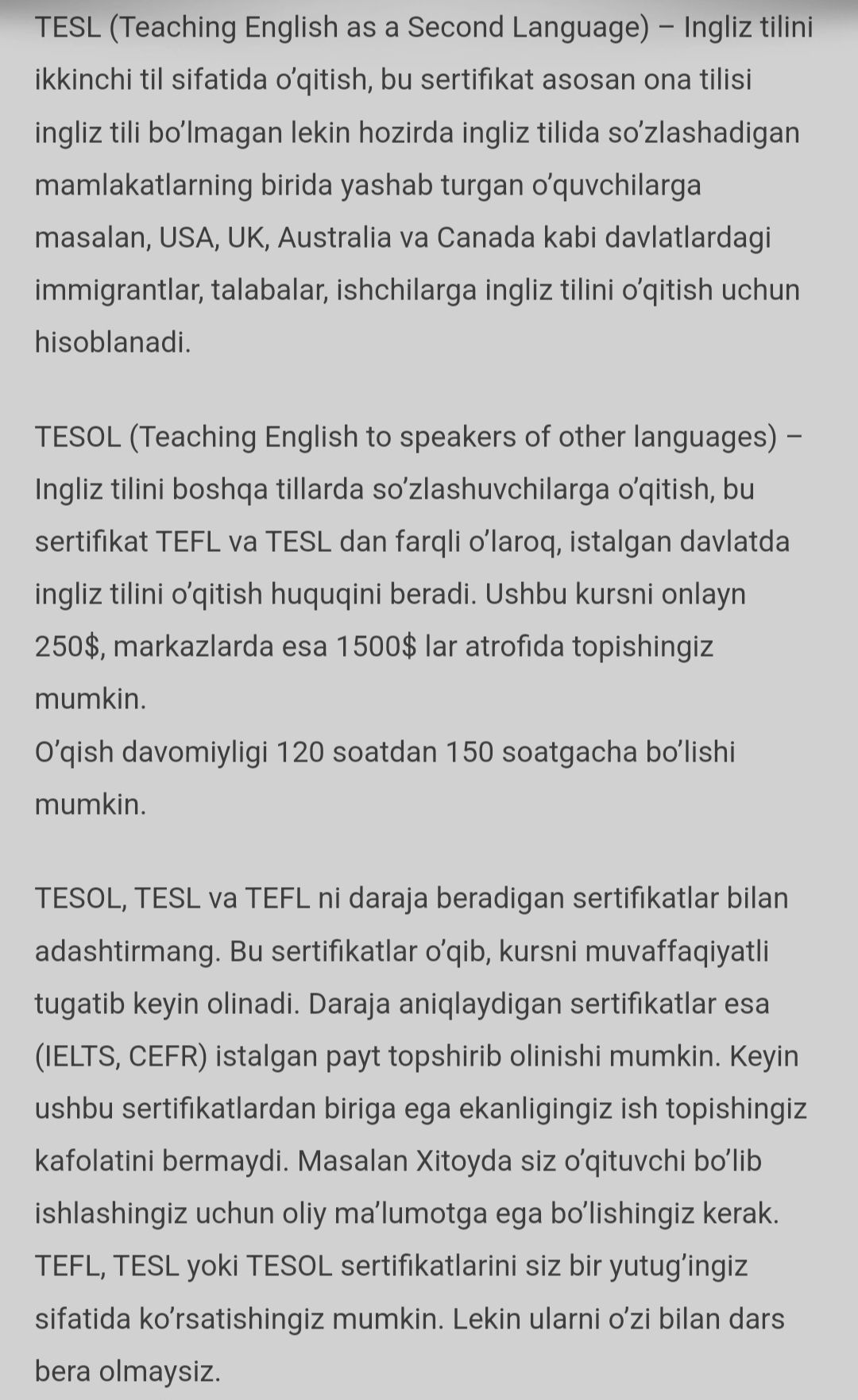 TESOL/TEFL sertifikat olishga yordam beramiz!
