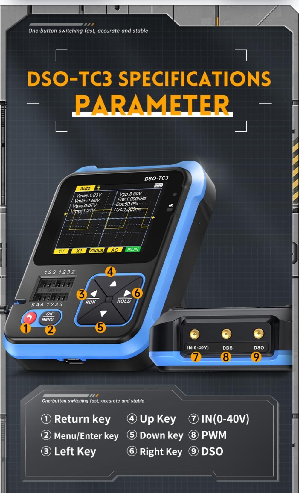 Tester LCR, osciloscop digital si generator de semnal 3 in 1 DSO-TC3.