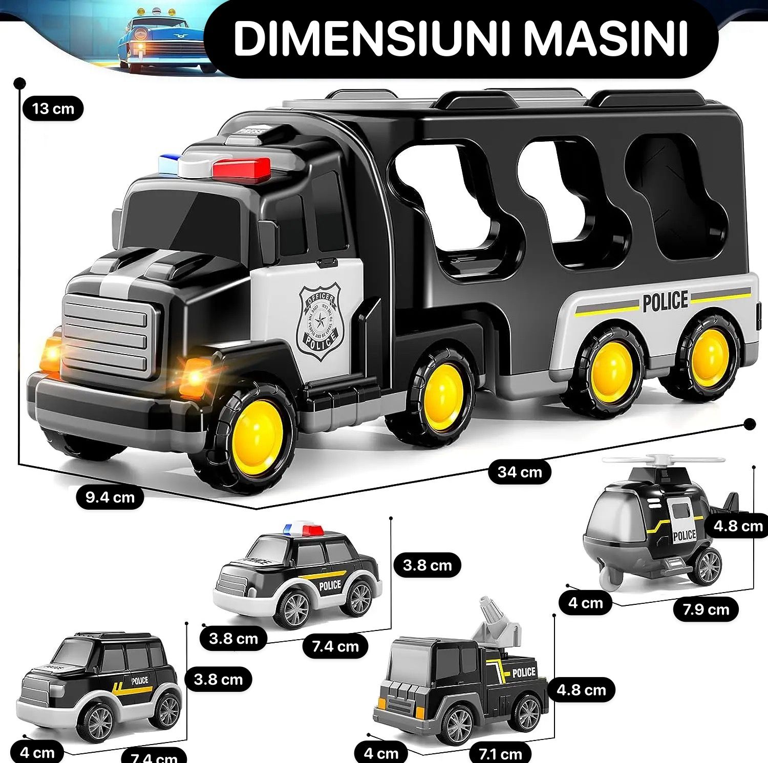 Jucarie camion de politie, set 5 masini cu propulsie, LED si sunet, 3+