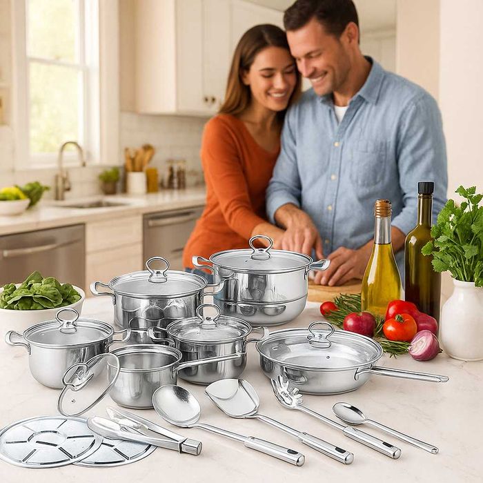 Комплект съдове и прибори за готвене от неръждаема стомана - 18 части